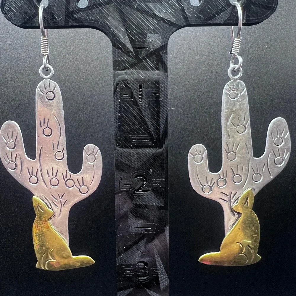 Vtg Sterling Silver Copper TAXCO‎ Mexico Earrings Cactus Wolf Dangling 12.7g 3